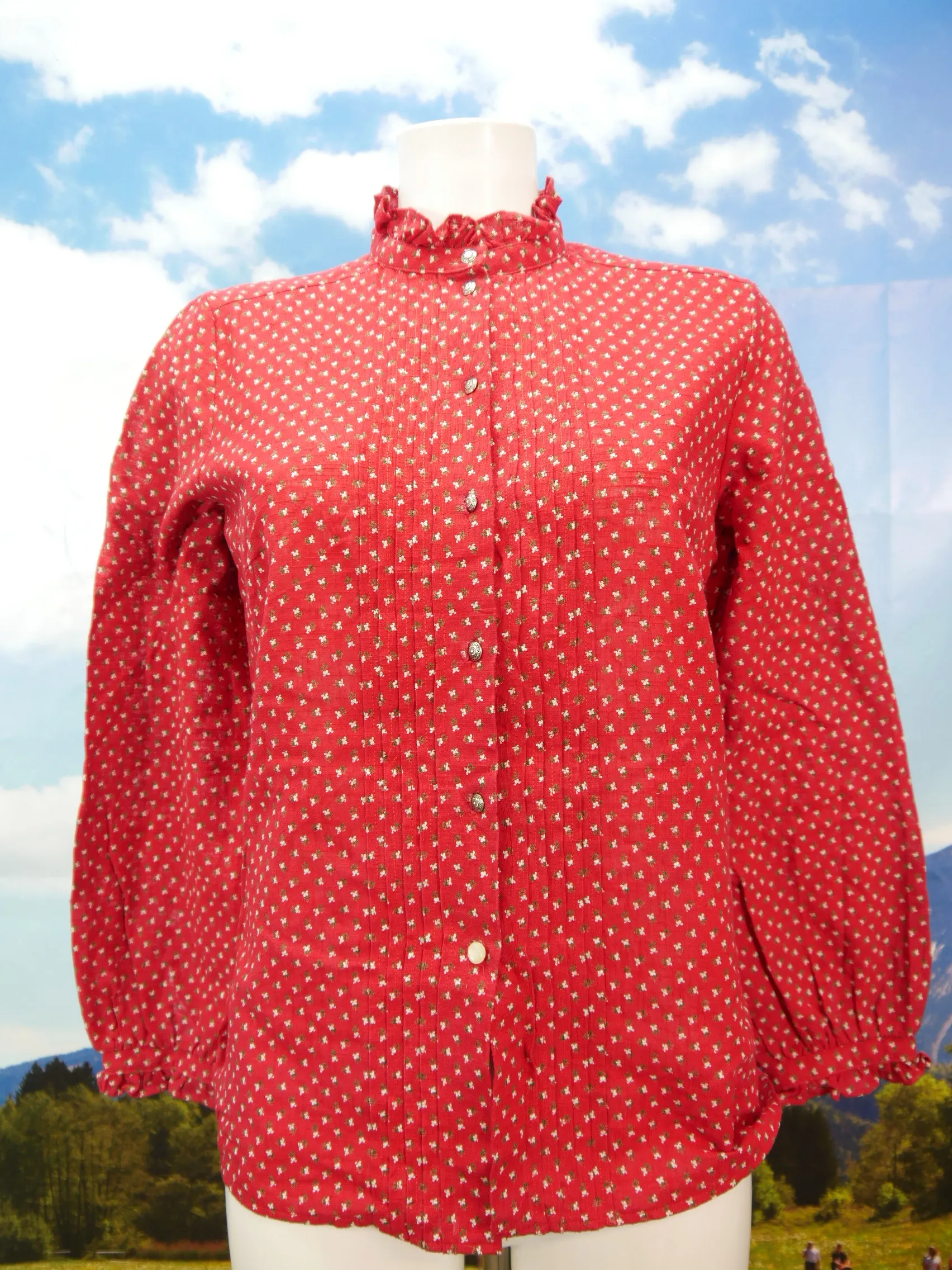 Gr.40 Trachtenbluse rot Bluse Arido Baumwollmischung Rüschen gemustert