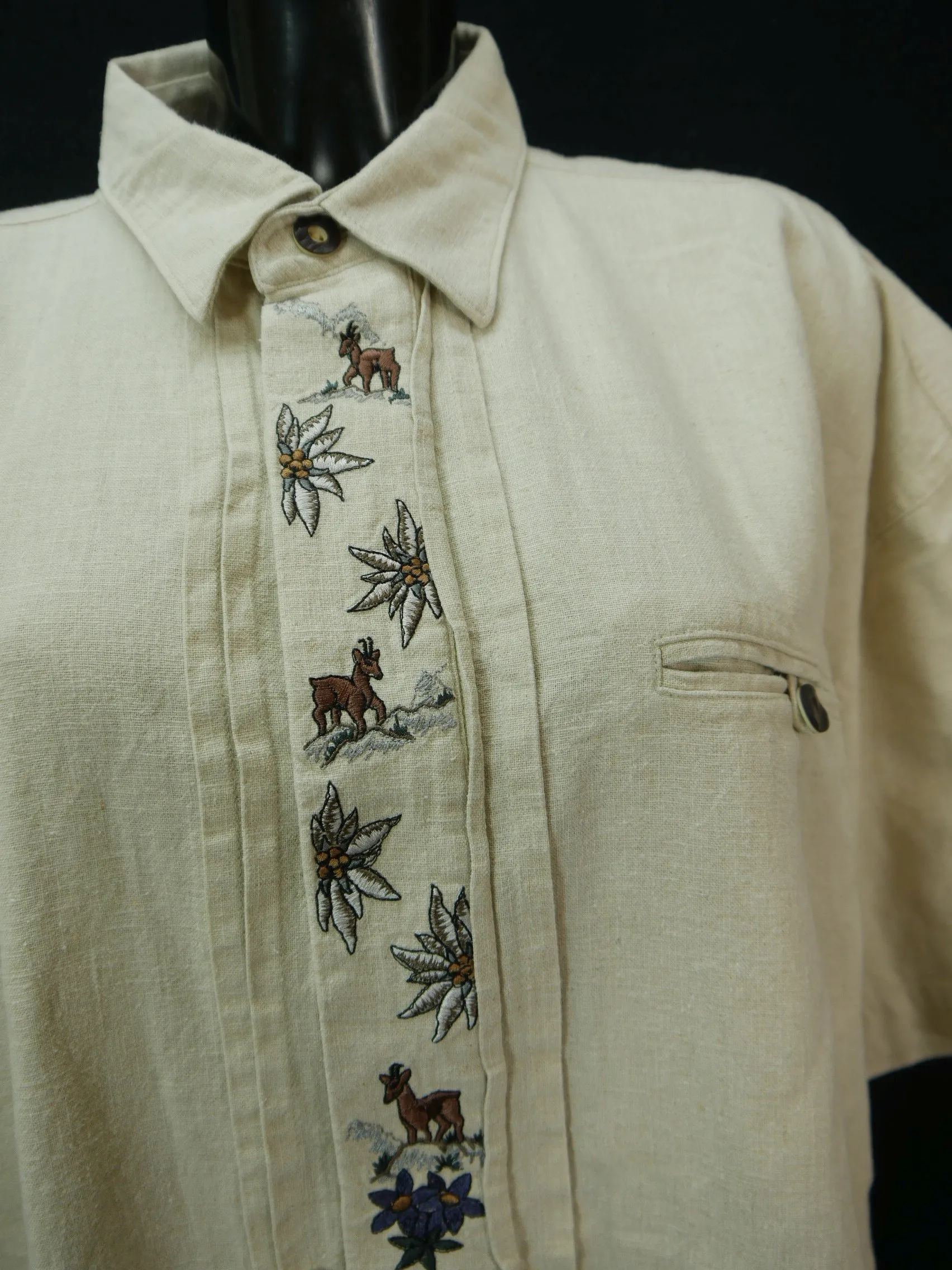 Gr.XXL Trachtenhemd Grubig Trachten beige kurzarm mit Stickerei Hemd TH2168