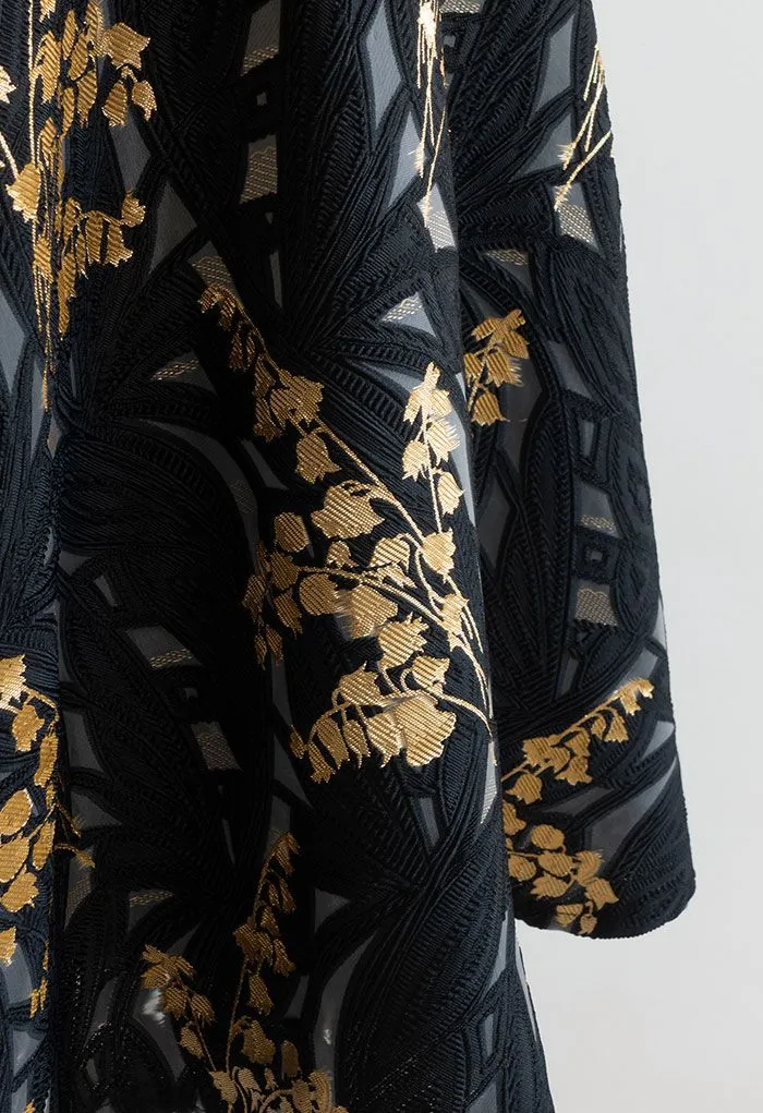 Harebell – Bestickter Jacquard-Midirock in A-Linie in Schwarz