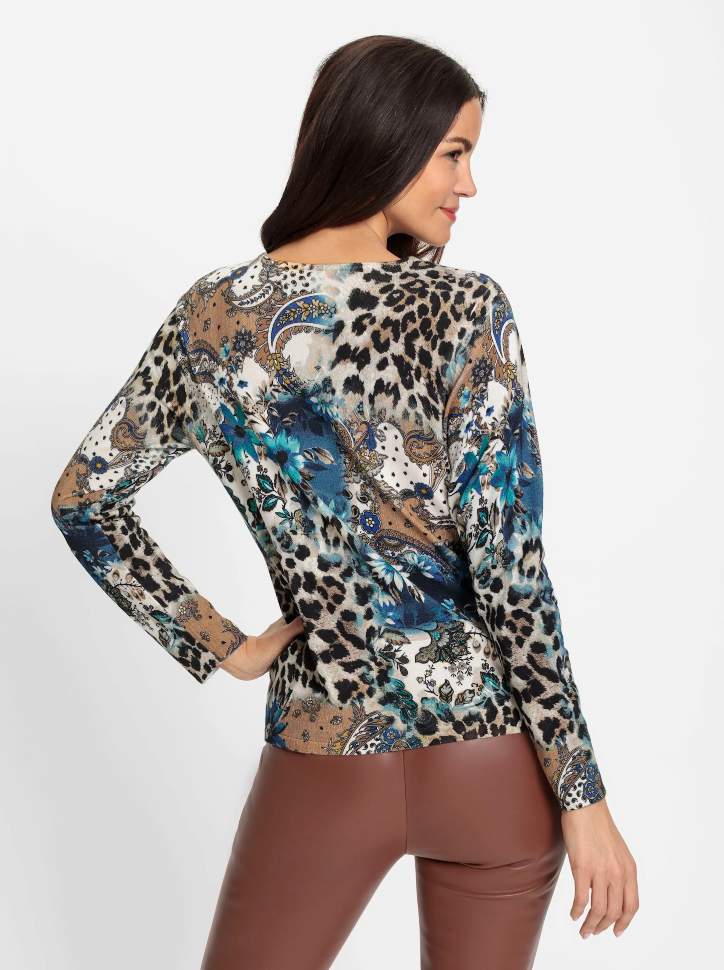 heine Druck-Pullover in schwarz-camel-bedruckt