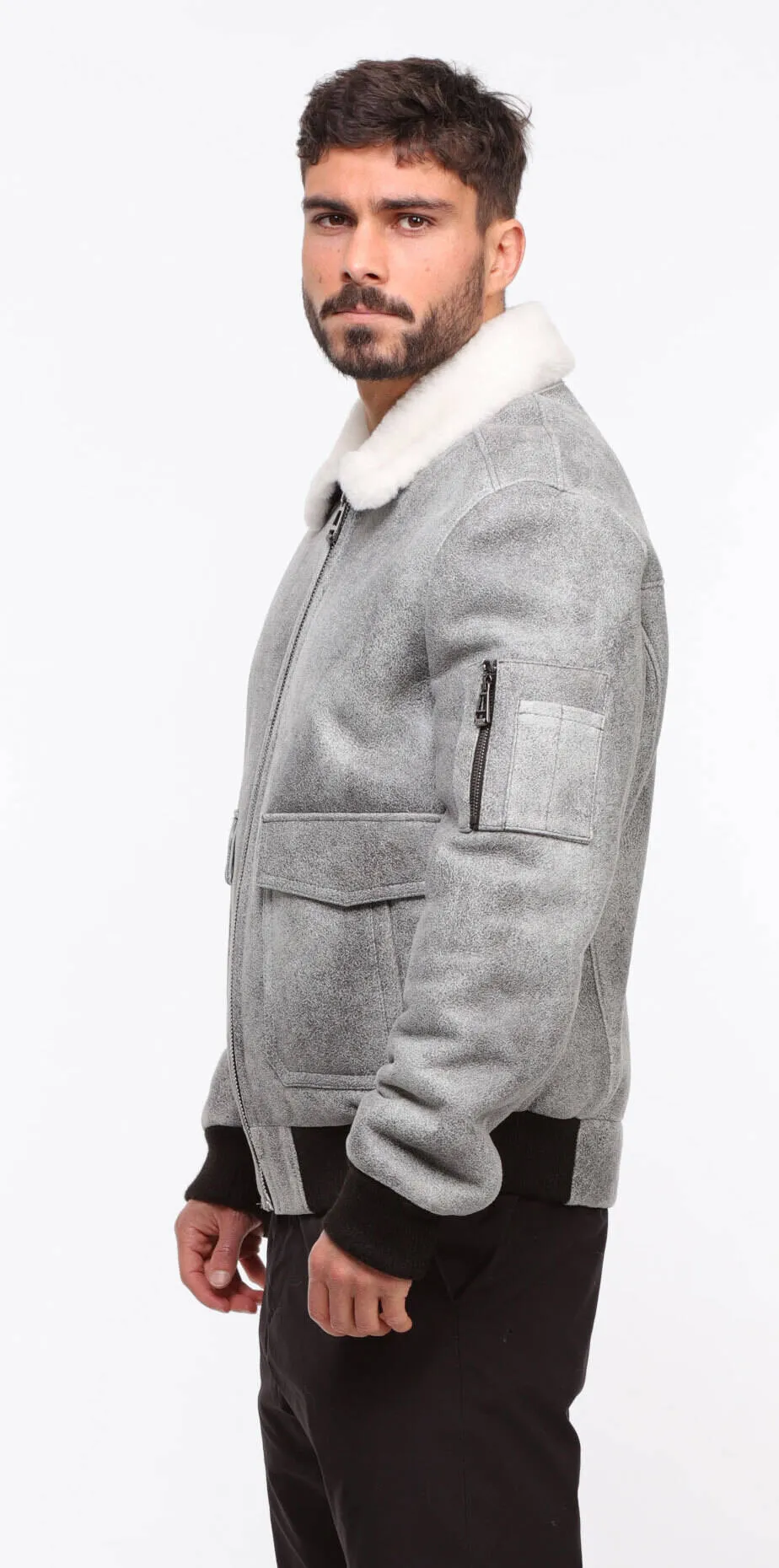 Herren-Bomberjacke aus grauem Schaffell &bdquo;Aurelien&ldquo;