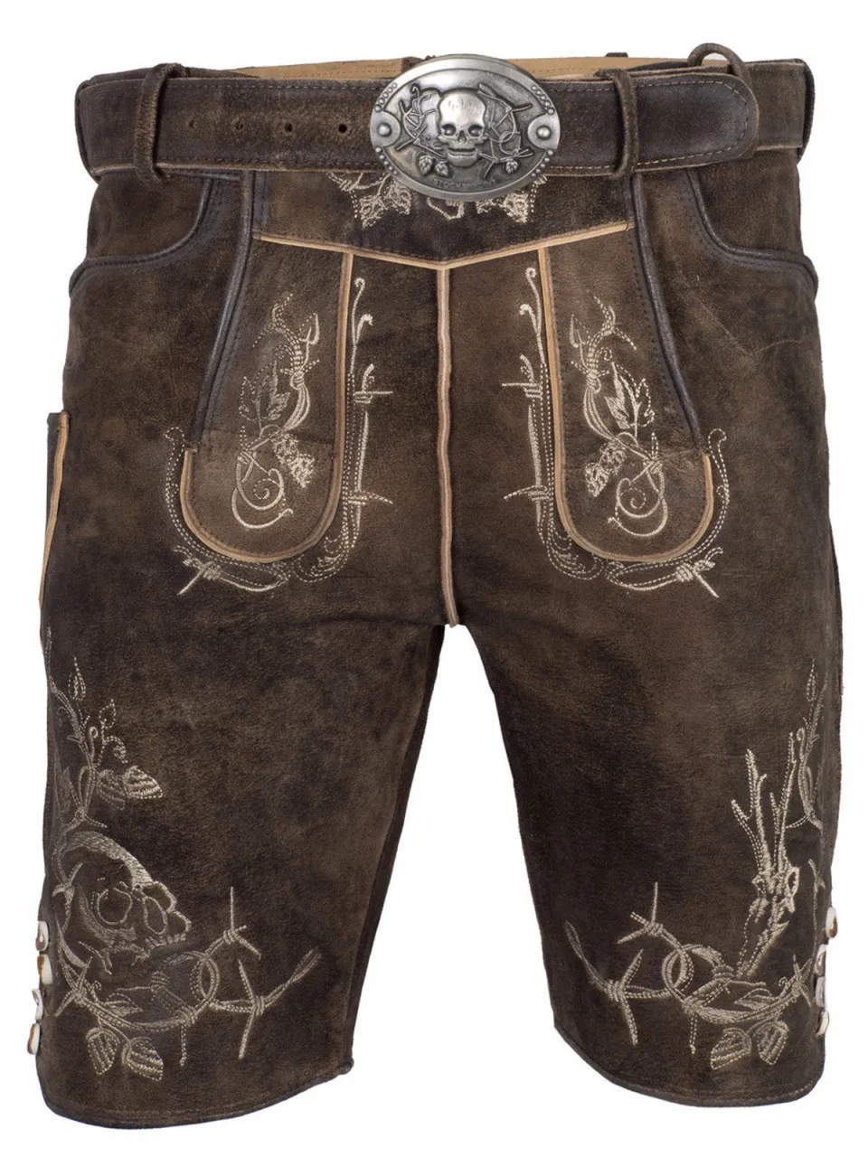 Lederhose Laurenz bison gespeckt Totenkopf-Gürtel