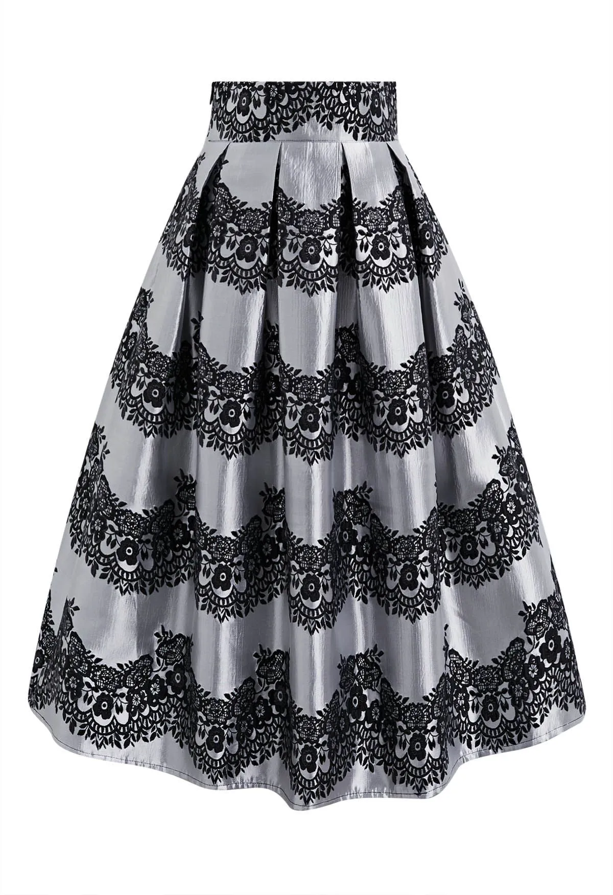Prächtiger, floraler Jacquard-Plissee-Midirock in Schwarz