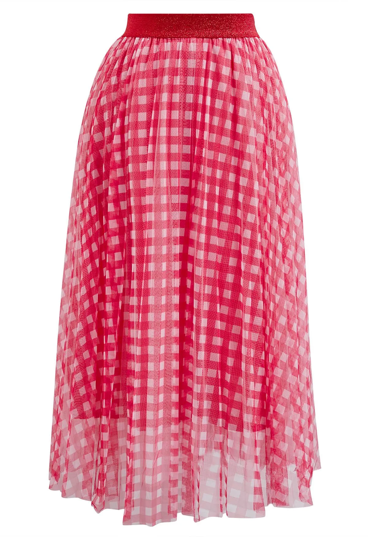 Roter Midirock aus Netztüll mit Gingham-Print
