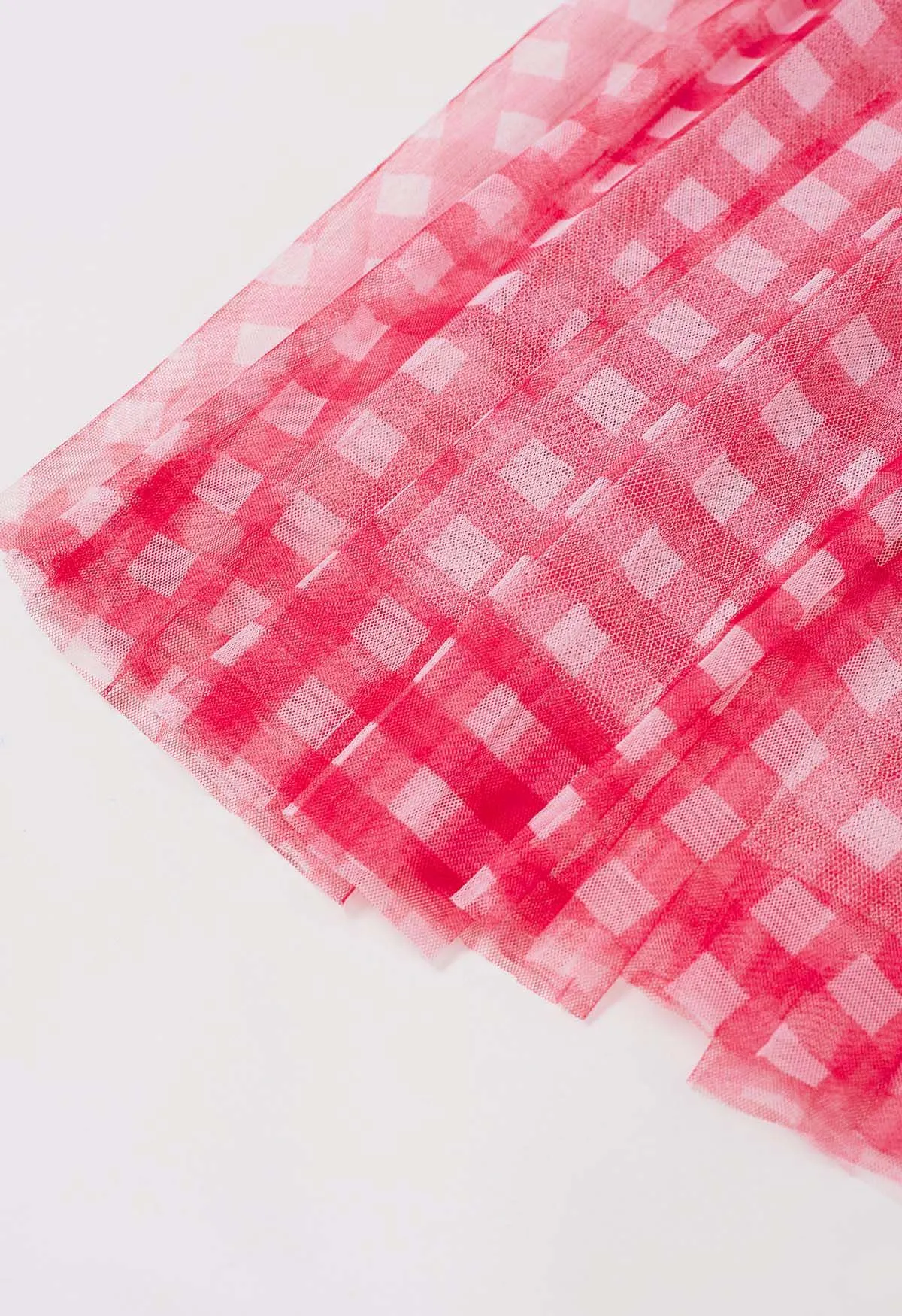 Roter Midirock aus Netztüll mit Gingham-Print