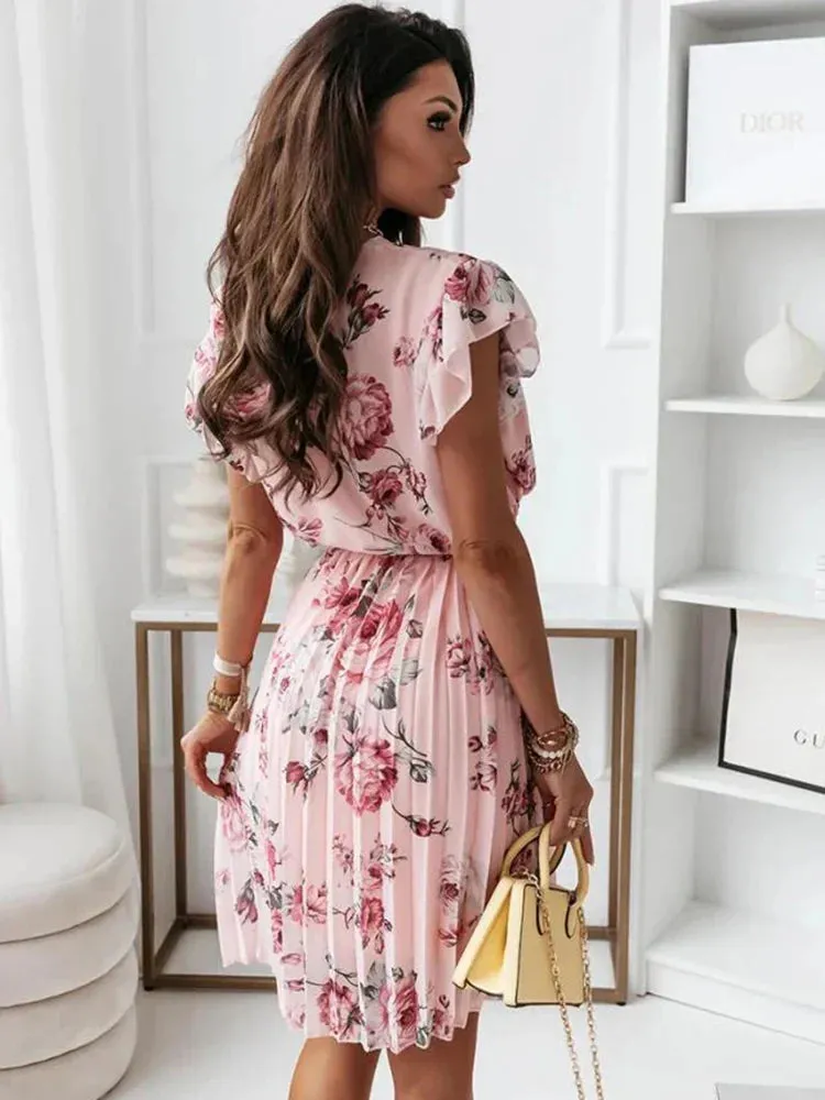 Tiefes V-Ausschnitt plissiertes Kleid