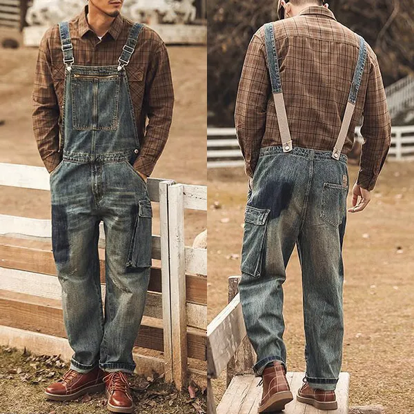 Vintage-Overall aus lockerem Hosenträger-Jeansstoff mit aufgesetzten Seitentaschen in altgewaschener Optik für Herren