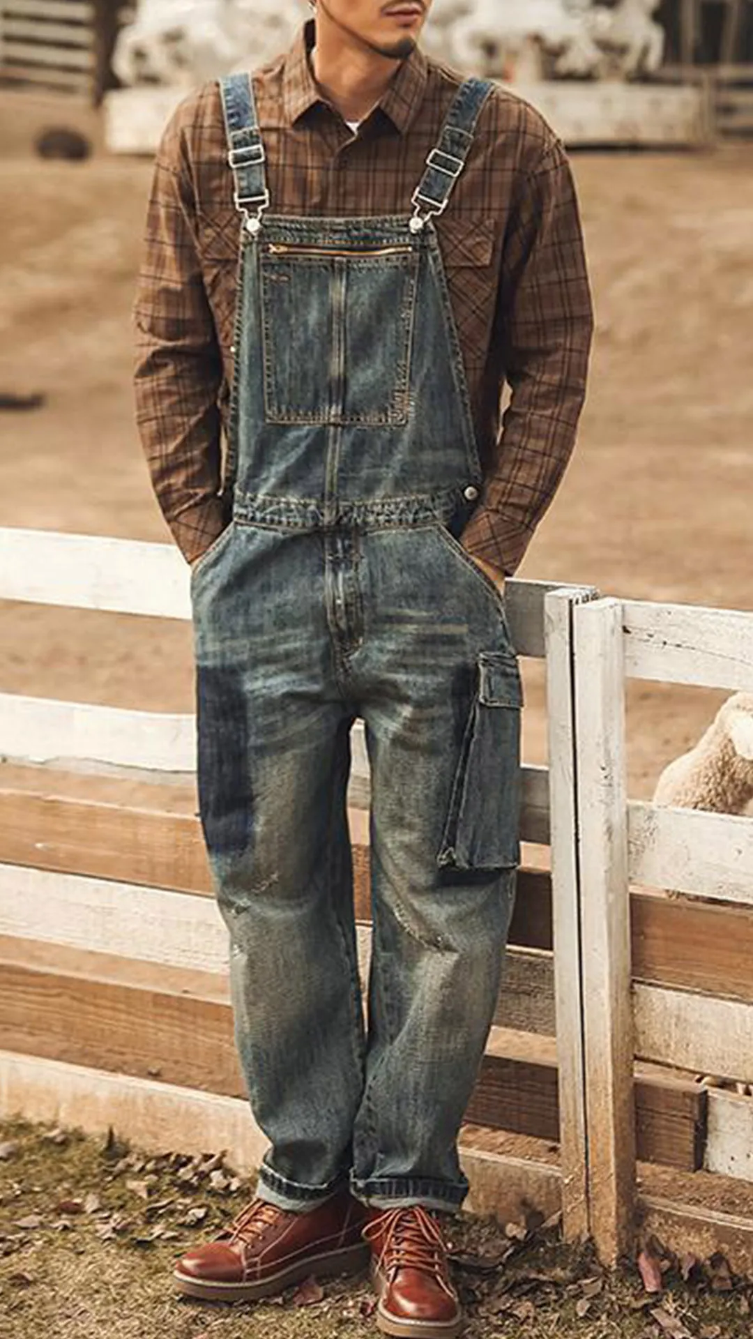 Vintage-Overall aus lockerem Hosenträger-Jeansstoff mit aufgesetzten Seitentaschen in altgewaschener Optik für Herren